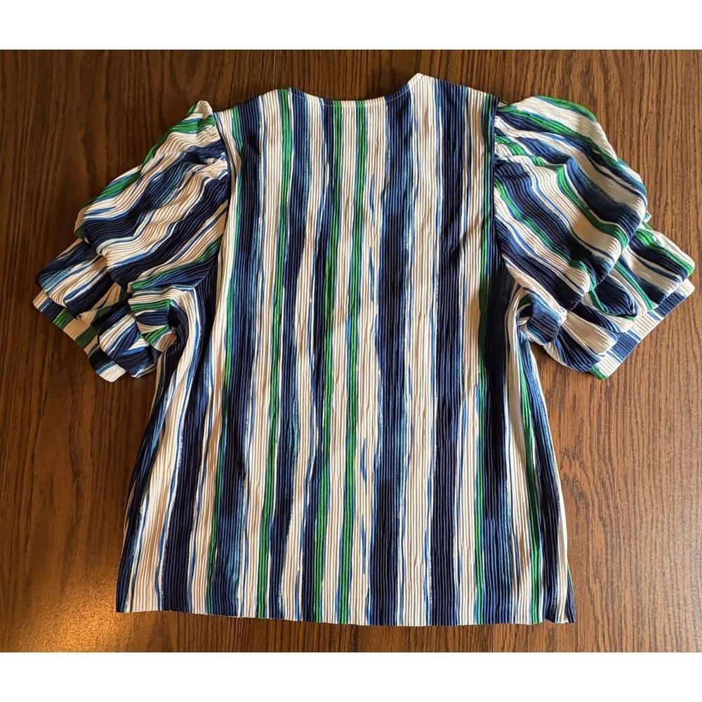 Chicos Women Blouse Pleated Size 2 Large Blue Green Striped Ruffle Sleeve V-Neck - Picture 7 of 10